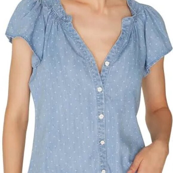 💙 Sanctuary Short Puff Sleeve Polka Dot Button-down Blouse Blue & White Size XS - Picture 1 of 7